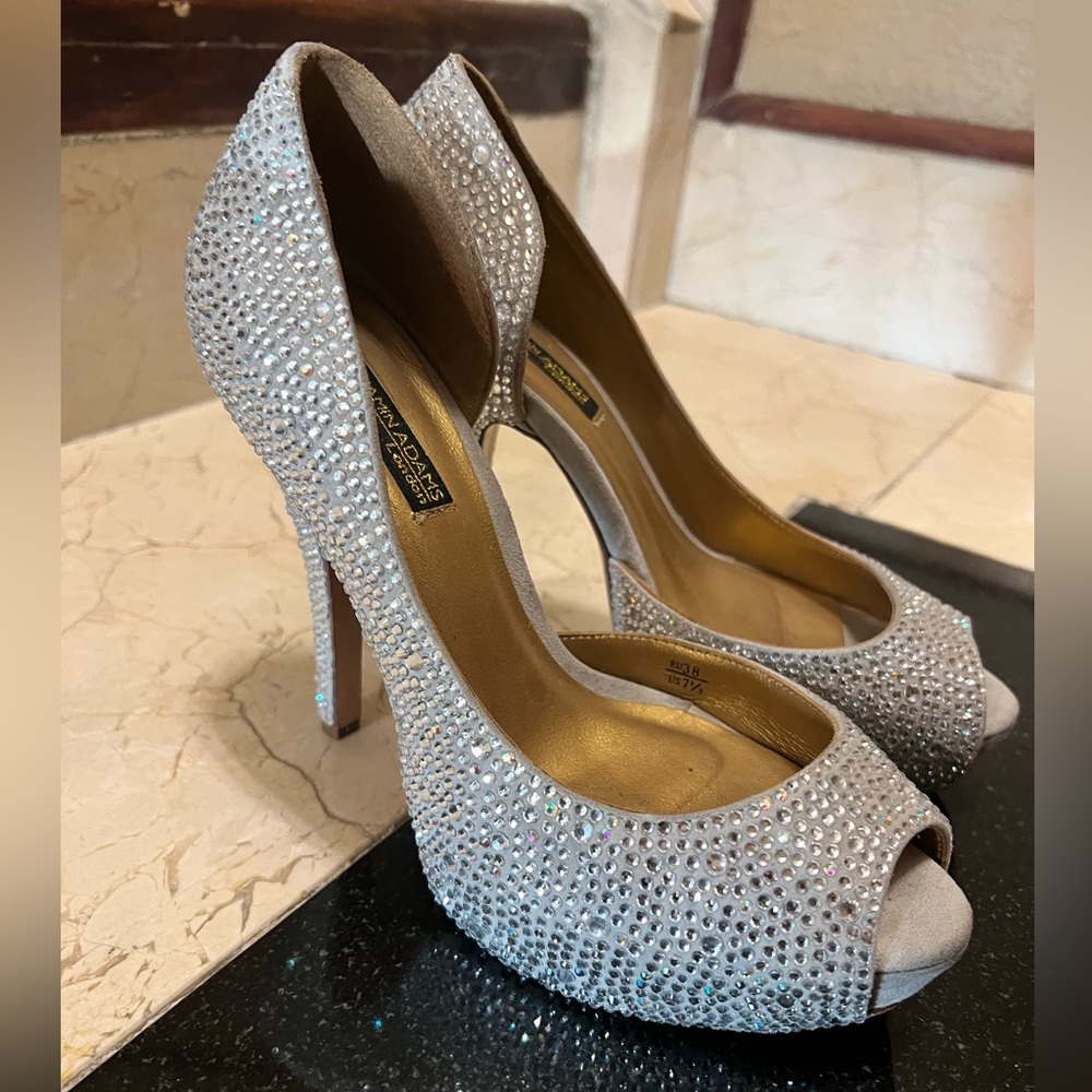 Benjamin Adams Swarovski Crystal Peep Toe Grey Pumps Size 38